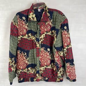 Vintage CoAco 100% Silk Patchwork‎ Print Bomber Jacket Size Medium Multicolor